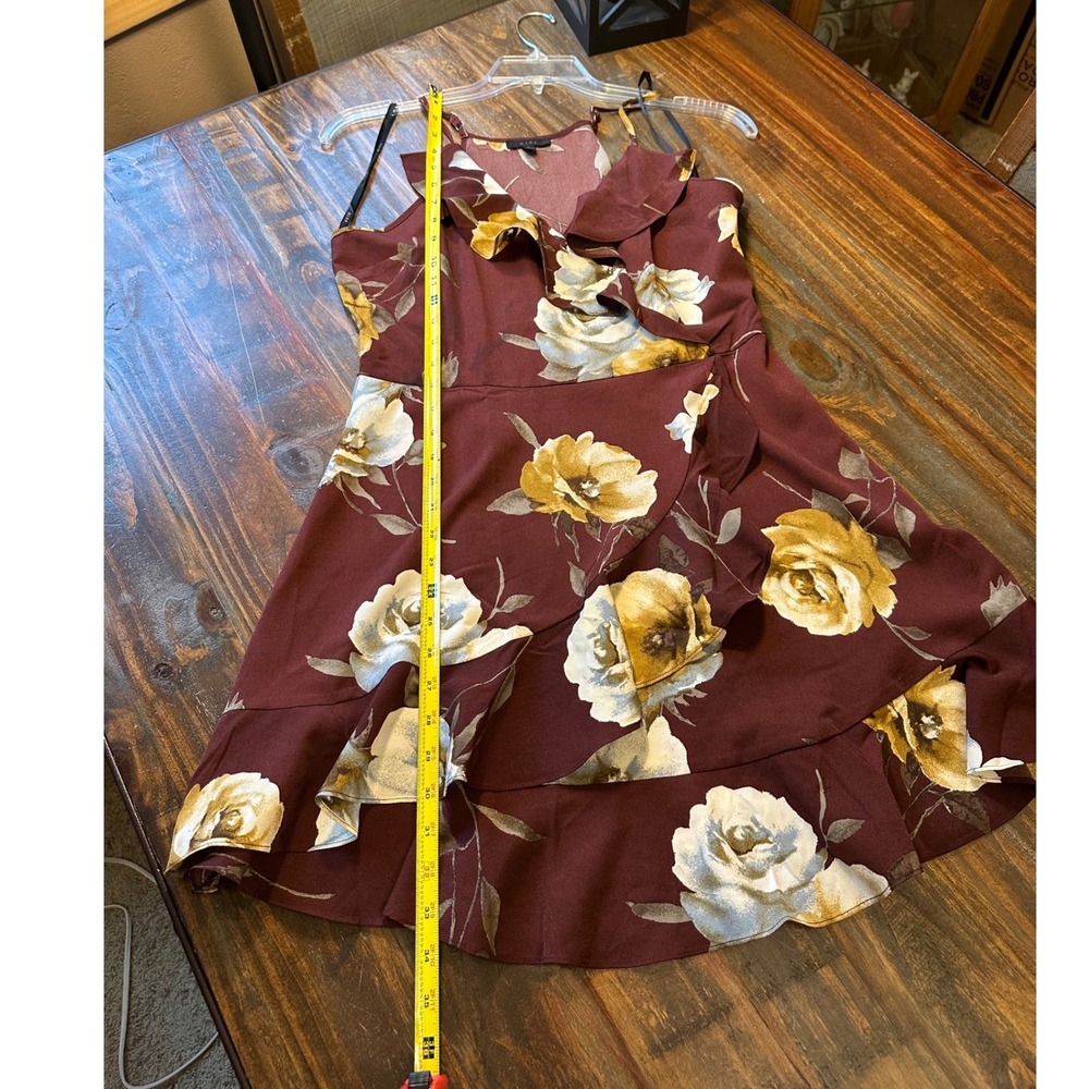 Mine Romantic Burgundy Floral Ruffle Mini Dress Sleeveless Size Large Woman's - Picture 7 of 16